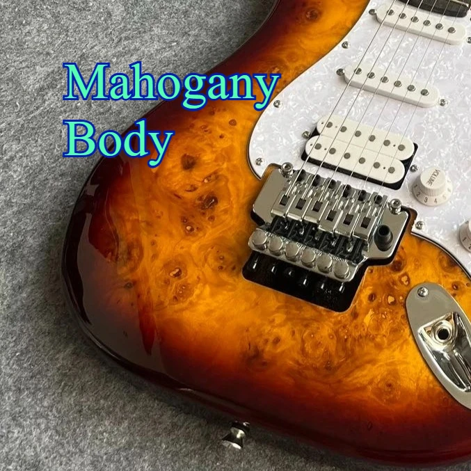 Burl Sunburst STOP Double Tremolo Electric Guitar, SSH Pickups, Mahogany Body, Heavy Metal Rock Performance Guitar Free Shipping