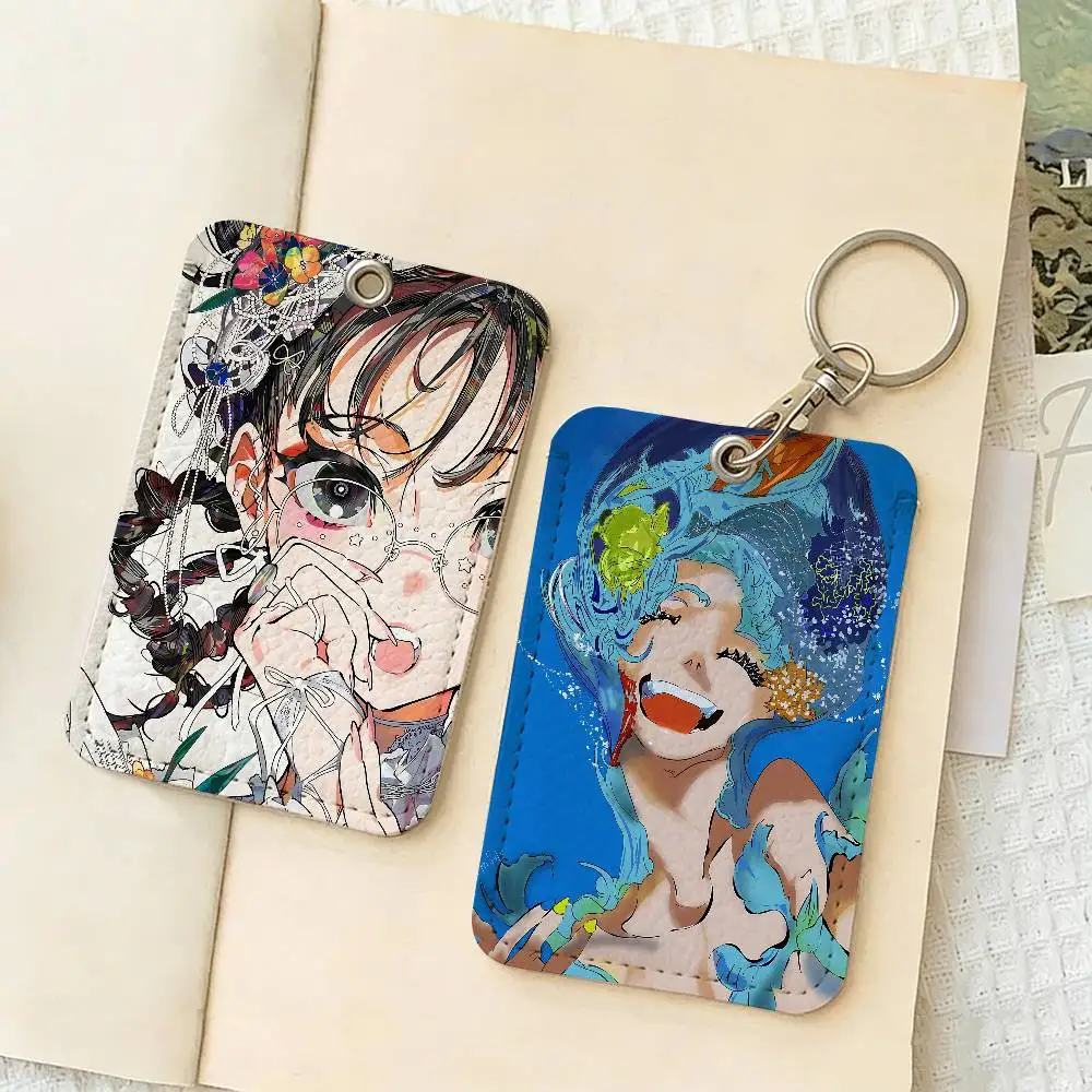 Art Illustration M_Mai Y_Yoneyama 1Pc PU Leather Card Holder Keychain Key Ring Door Lock Access Tags ID Card Case Keychain Card