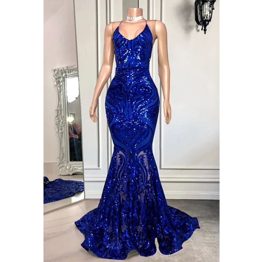 Lace Sequin Evening Dresses Latest Halter Sleeveless Exquisite Formal Wedding Party Prom Gowns Vestido De Fiesta Customized