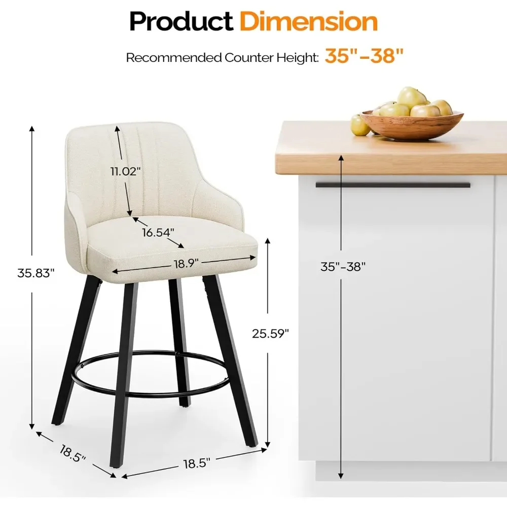 مجموعة مقاعد للبار دوارة مكونة من 2، مقعد منجد من قماش الكتان مع ظهر، كراسي عالية للمطبخ بارتفاع العداد
