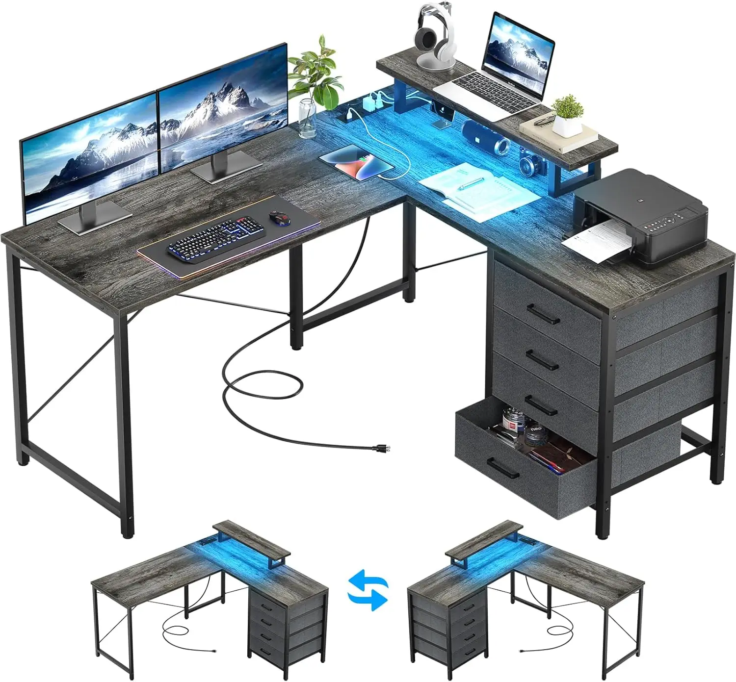 L Shaped Desk with Drawers & Power Outlets, Reversible Computer Desk with LED Light and Monitor Stand, Black Oak