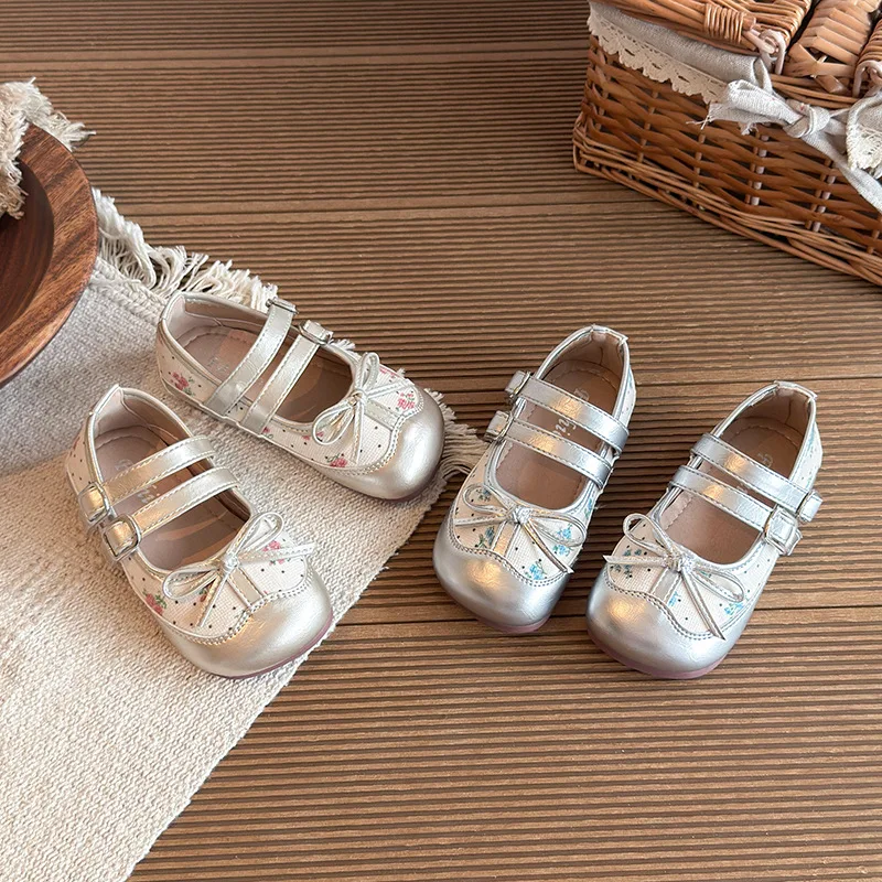 Pastoral Girls Floral Princess Shoes Spring Autumn Soft-soled Silver Mary Jane Shoes Children's Bow Loafer Flats Shoes