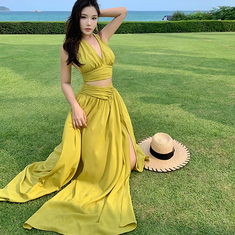 Boho Vacation Maxi Dress Summer Ladies Sexy scollo a V Backless femminile Hollow a vita alta Casual Split Beach Party Dress RObe