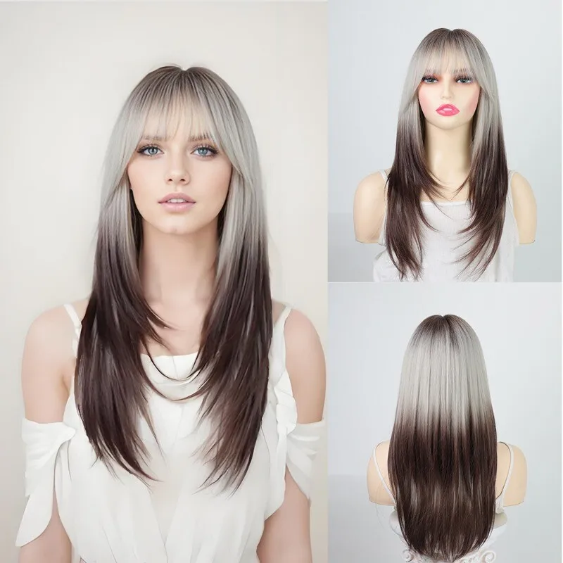 

Женский парик, длинный прямой парик для девушек, коричнево-серые волосы, парик из натуральных волос + шапочка для парика