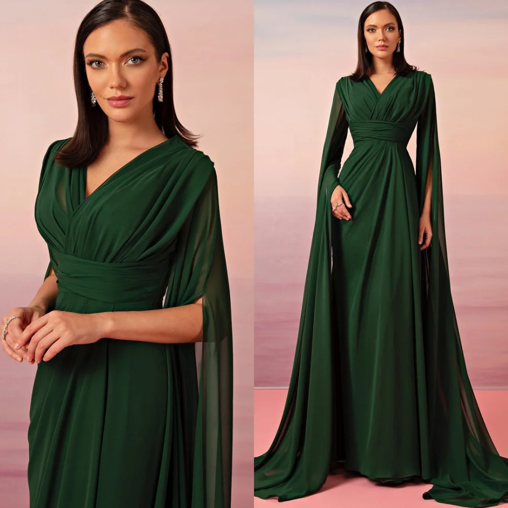 

Очаровательные зеленые шифоновые вечерние платья по индивидуальному заказу, модное платье для выпускного вечера с v-образным вырезом, высокое качество, платье для выпускного вечера со шлейфом Ватто