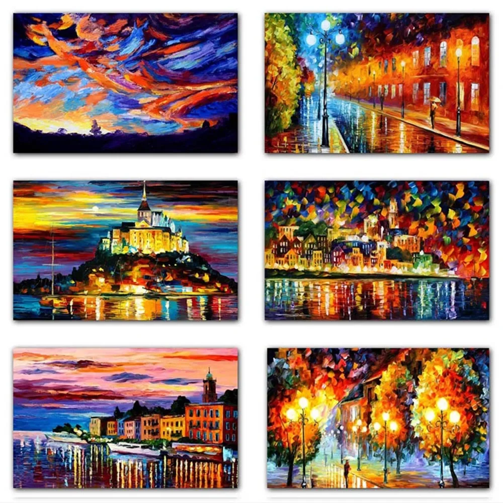 World Famous Street Scenery Canvas Paintings Night Scene Canvas Picture European Oil Painting Print for Living Room Wall Decor