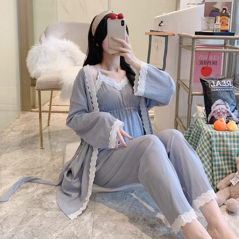 Fdfklak 3Pcs/Set 100% Cotton Pregnancy Pajamas Long Sleeve Sleepwear Suit Spring Autumn Nursing Pregnant Woman Breast Feeding