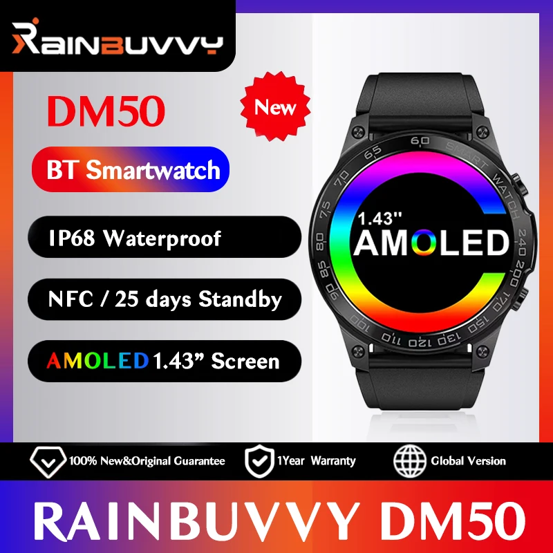 Rainbuvvy DM50 Bluetooth Call Smart Watch 1.43 Inch AMOLED IPS Display NFC Heart Rate Blood Oxygen IP68 Waterproof Smartwatch