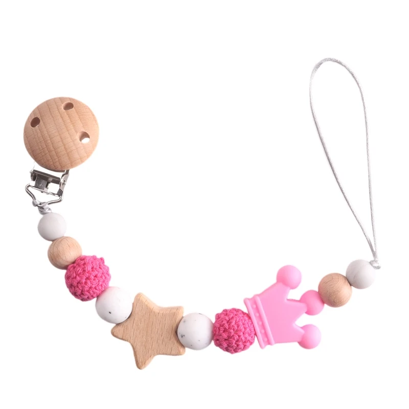 Baby Wood Crochet Round Bead Pacifier Chain Wooden Star Dummy Holder Clip For Baby Teether Teething Chain Nursing Chew Toy Gift