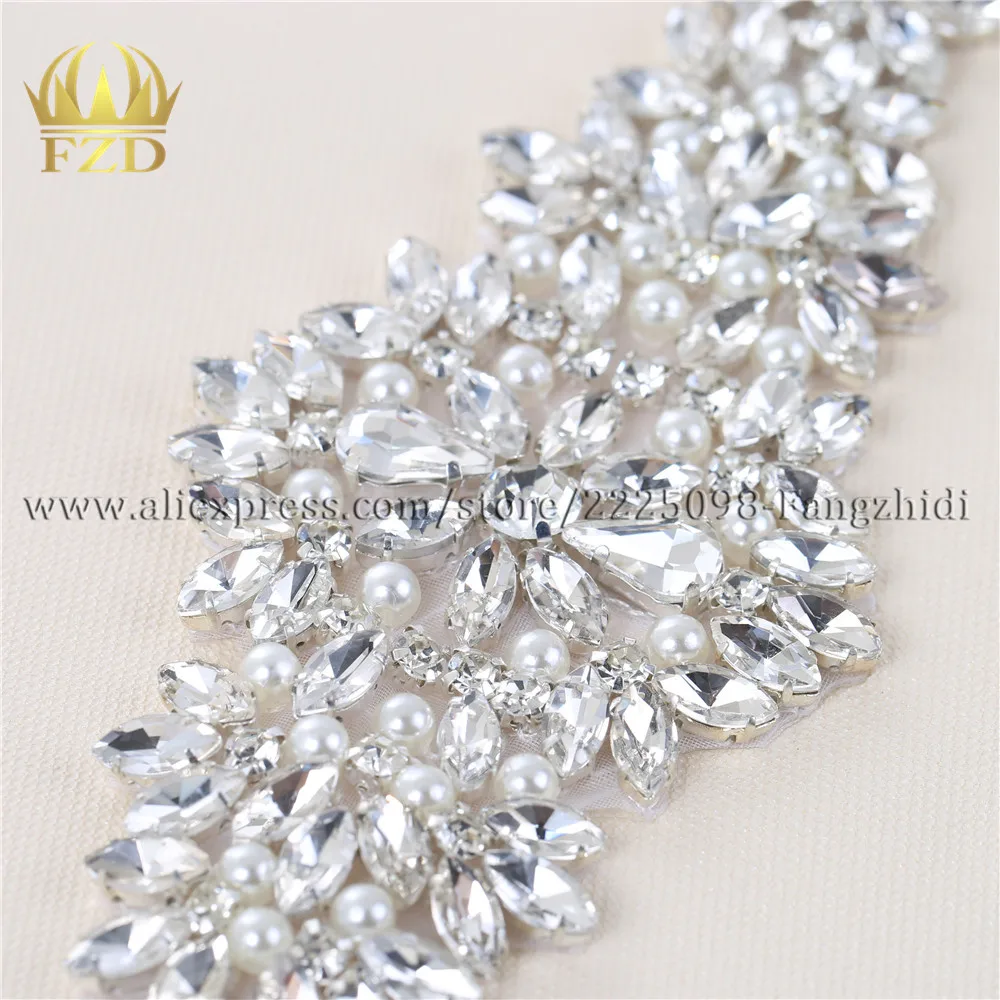 FZD 1 Piece Wedding Rhinestones Applique Crystal Hot Fix Clear Rhinestones Designs for Bridal Sash or Wristbands Crystal Stones