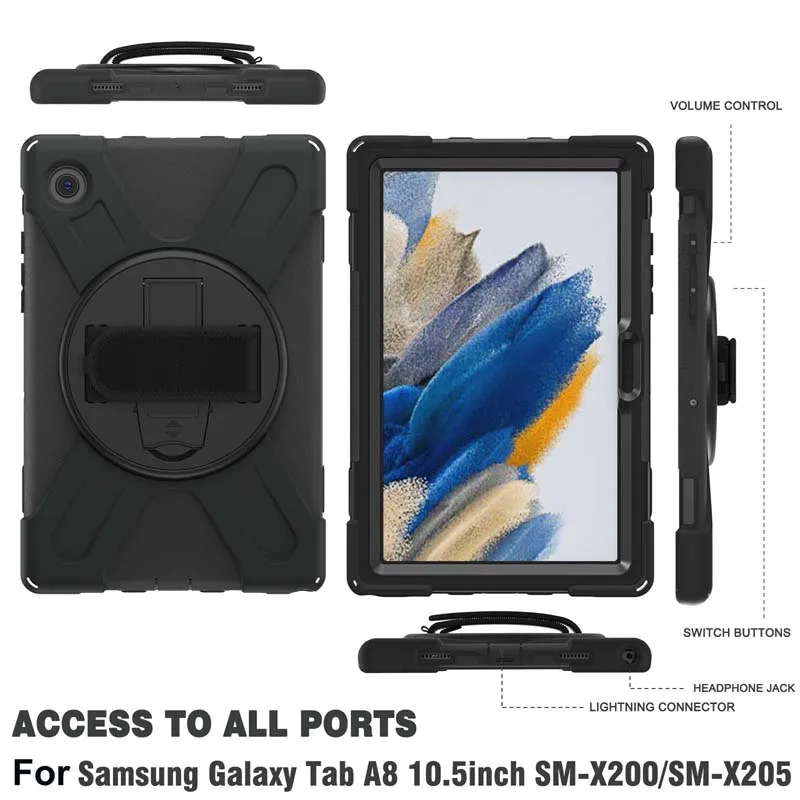 360 Rotary Stand Case for Samsung Galaxy Tab A8 10.5 SM-X200 X205 X205N Shockproof Cover Holder with Hand Belt Shoulder Strap