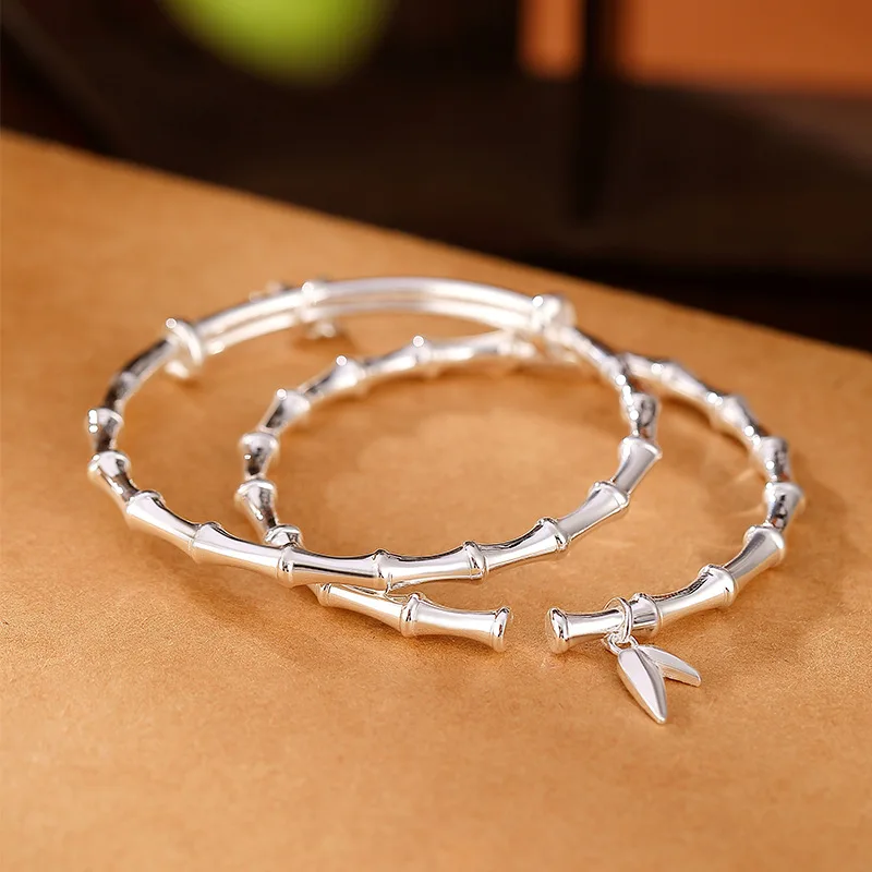 

Uglyless Shining Glossy Silver Bamboo Bangles Women Vivid Bamboo Joints Stunning Bracelets 999 Fine Silver Push-pull Bangle Leaf