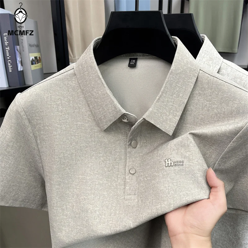 Mens thin printed fabric short sleeve polo top lapel two button placket slim elastic business daily simple casual garment