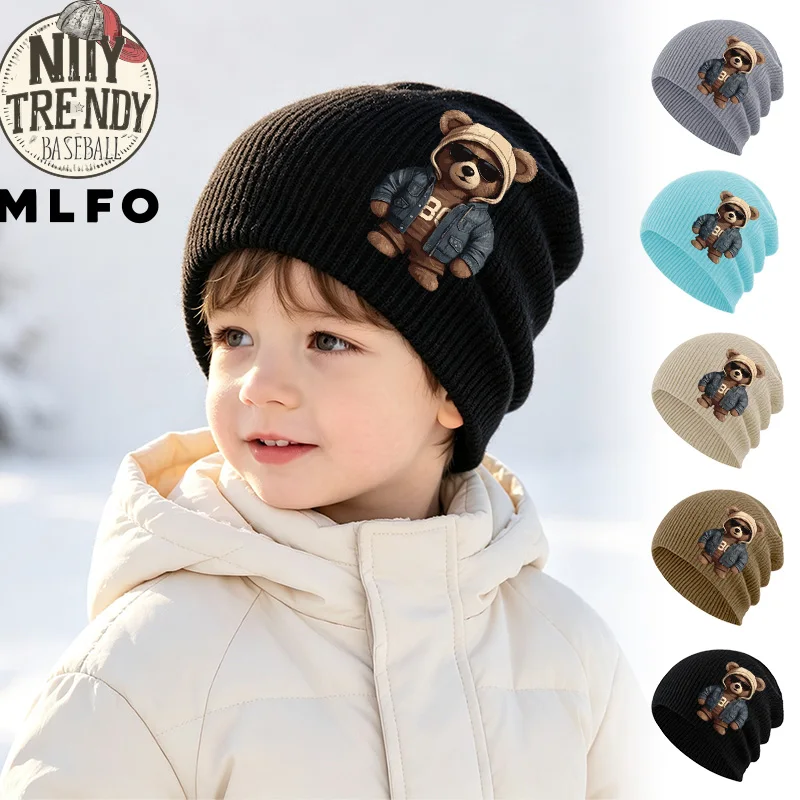 1‑3 Years Kids Knit Cold Hat Cool Dressed Bear Cartoon Print Toddler Stylish Knitted Beanie Street Casual Headwear