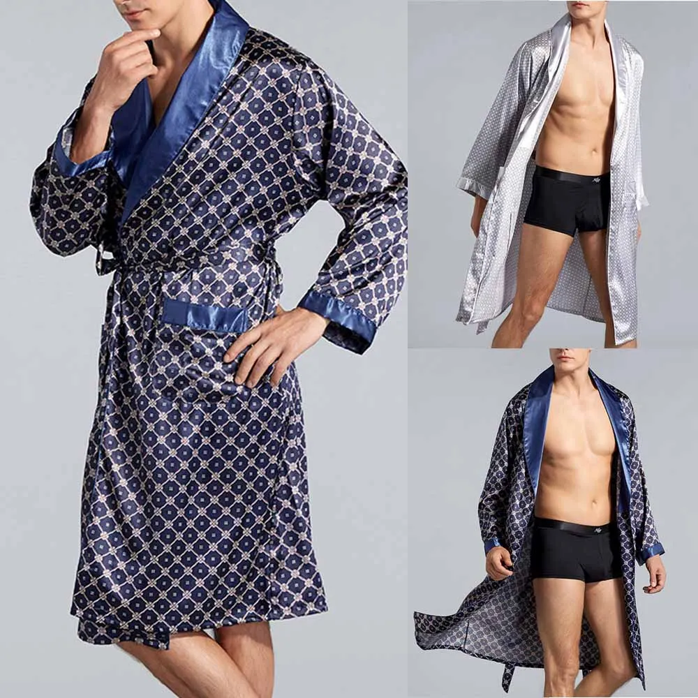 Pijamas de seda de cetim masculino kimono roupão robe roupão pjs alta qualidade luxo loungewear conjunto azul marinho/cinza prateado