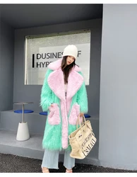 Lady Personalized Pale Green Faux Fur Coat Loose Lapel Long Jacket Female Streetwear Women's Winter Coats Performance Costume