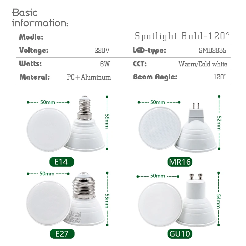 1-10PCS LED Spotlight Bulb E27 E14 MR16 GU10 AC220V 6W 24/120 Degree Beam Angle High Lumen Indoor LED Energy Saving Lights Bulb
