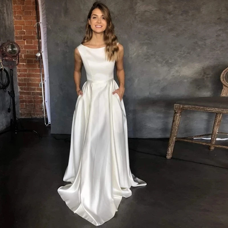 

Scoop Simple Wedding Dress Elegant A-Line Floor Length Satin Bridal Gown vestido de novia