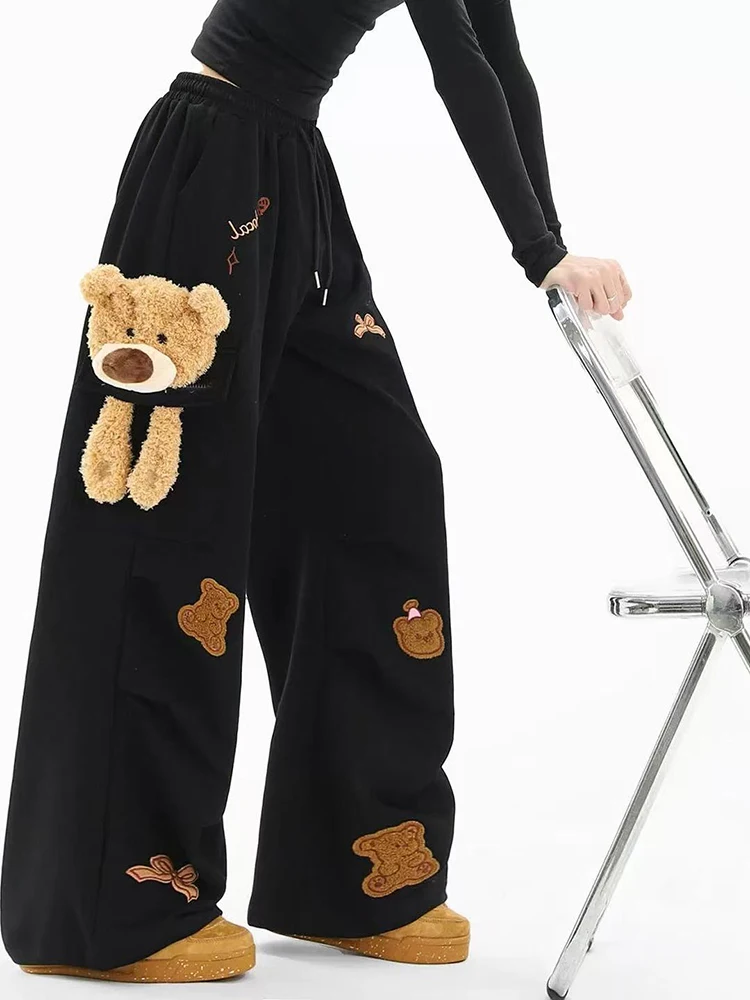Cute Bear Embroidery Sweatpants Women Autumn High Waist Streetwear Loose Wide Leg Pants Y2K Korean All Match Straight Trousers