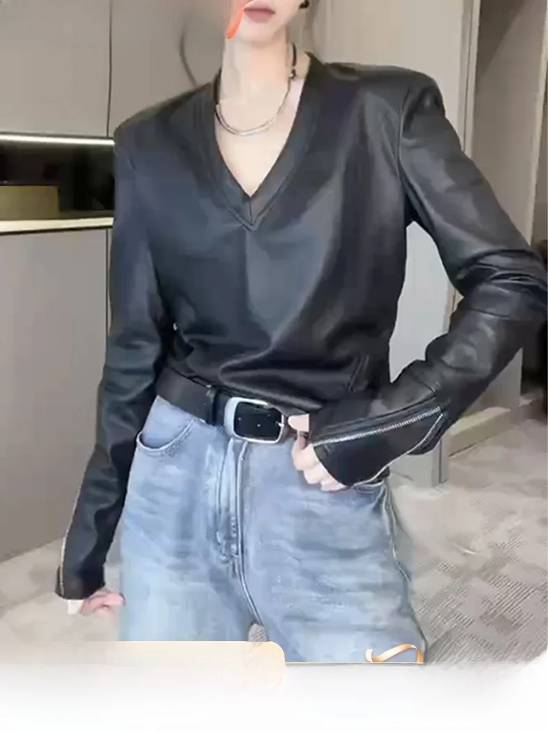 Primavera 2024 faionable fino ajuste bla couro de cordeiro jaet v-ne casaco feminino n pele longa sve comprimento regular eepskin