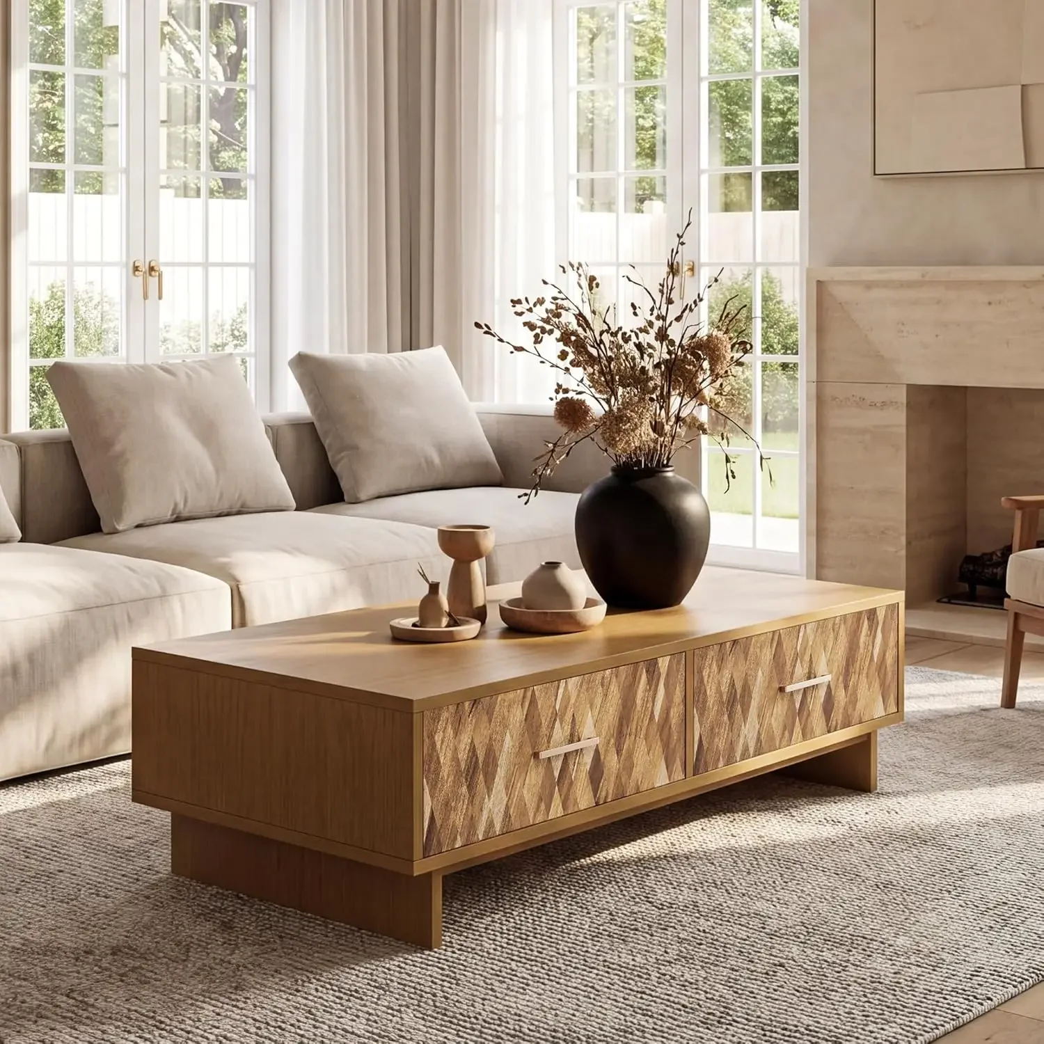 56'' Large Coffee Table with Storage, 4 Drawers Modern Coffee Table Solid Wood with Handmade Veneer & Brass Handles Rustic Farmh