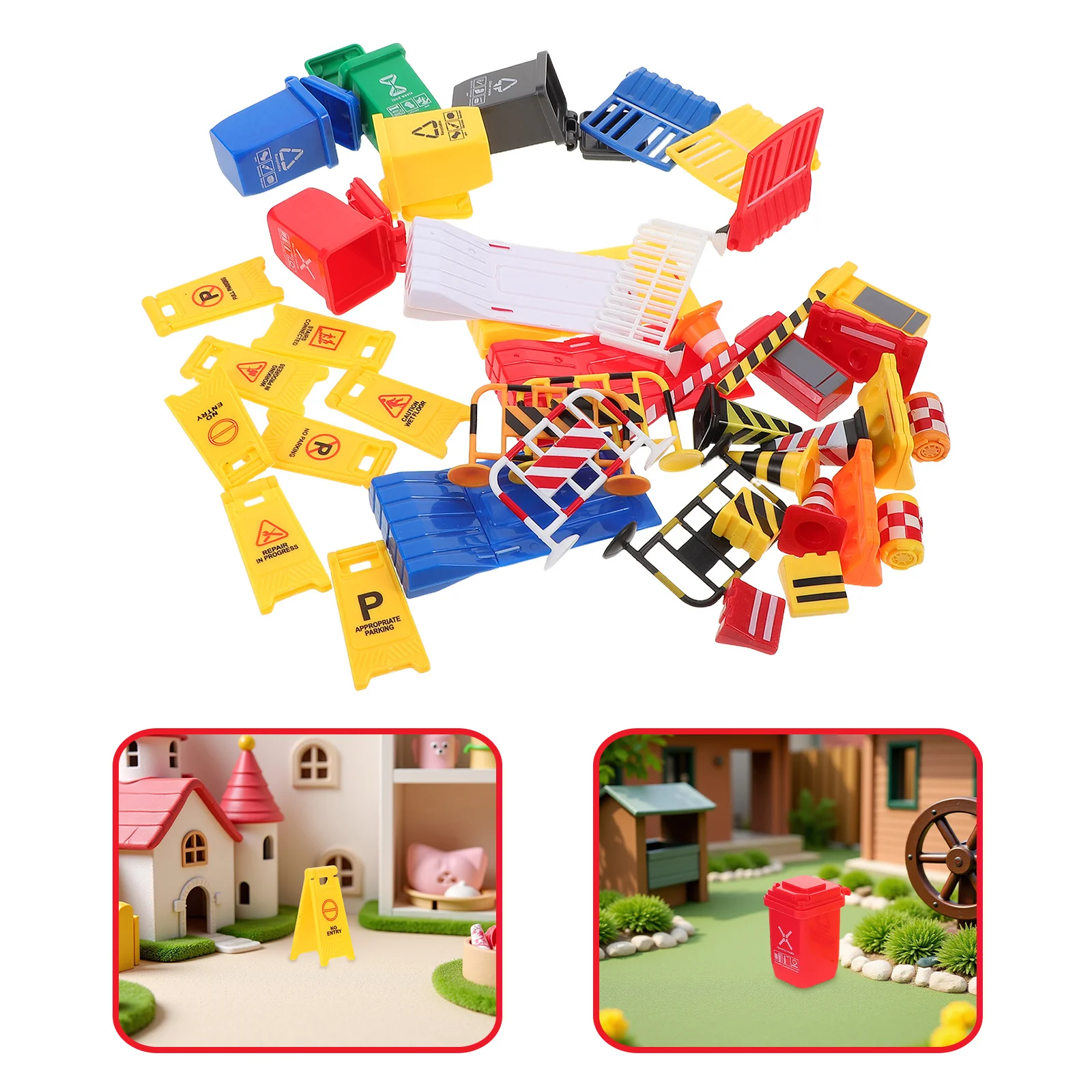 

40Pcs Educational Traffic Playset - Realistic Plastic Road Signs Mini Cones Trash Cans for Children Safety Awareness Indoor