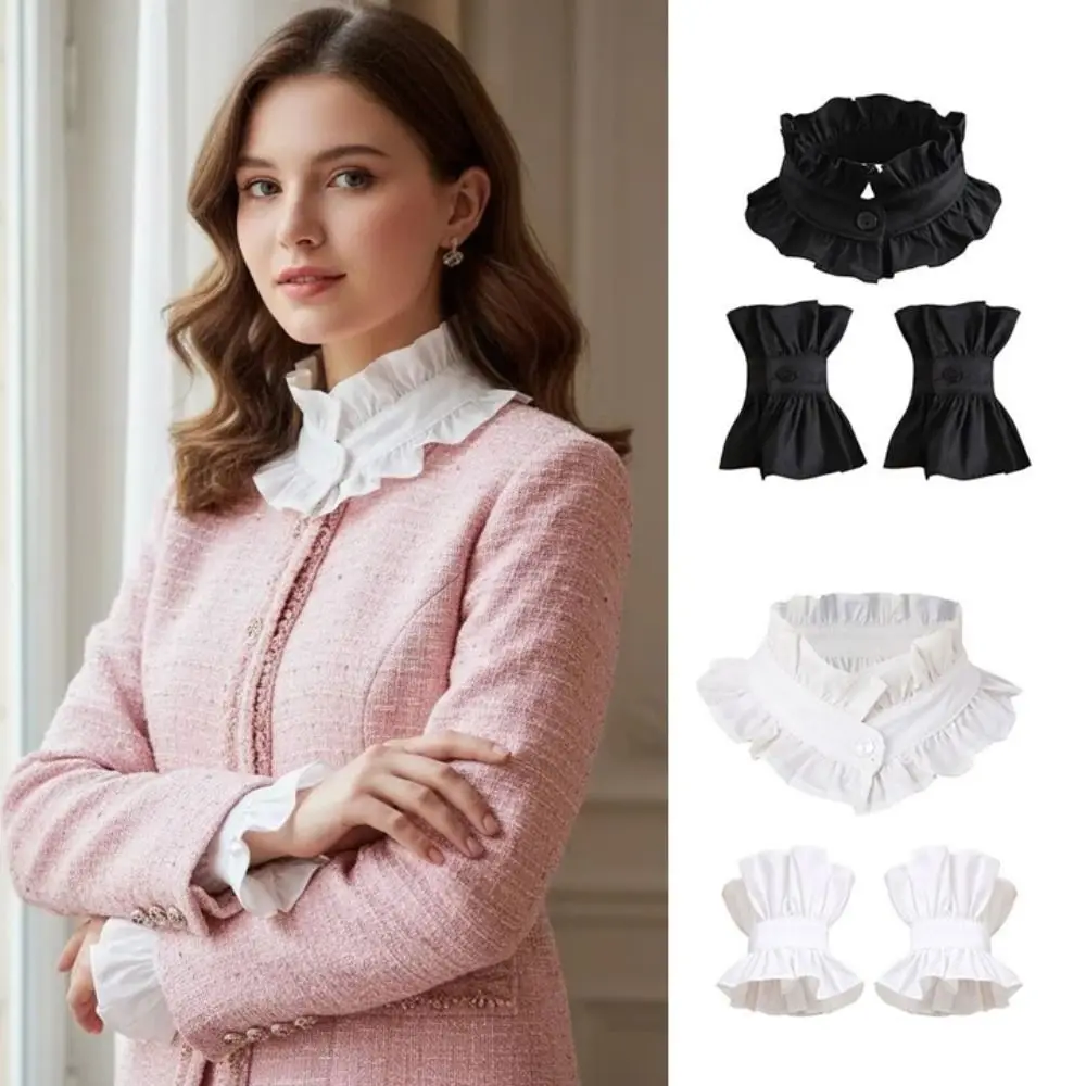 1 set French Style Fake Faux Collar Detachable Ruffled Edge Stand Collar Adjustable Feature Pleated Design Ruffled Sleeve