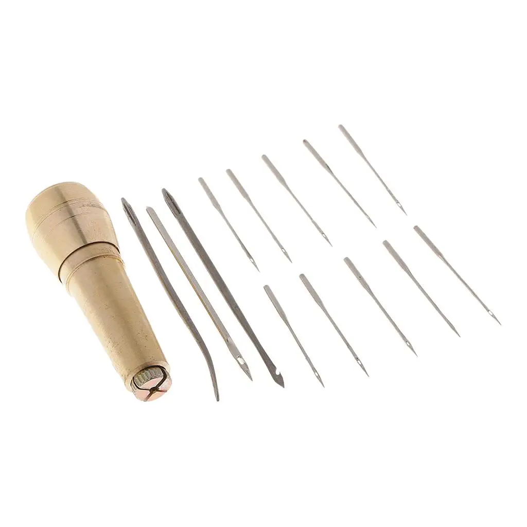 Metal Handle Sewing Awl for Leather Craft Fabric Awning Sails Tent Repair Tool With 13 Needles