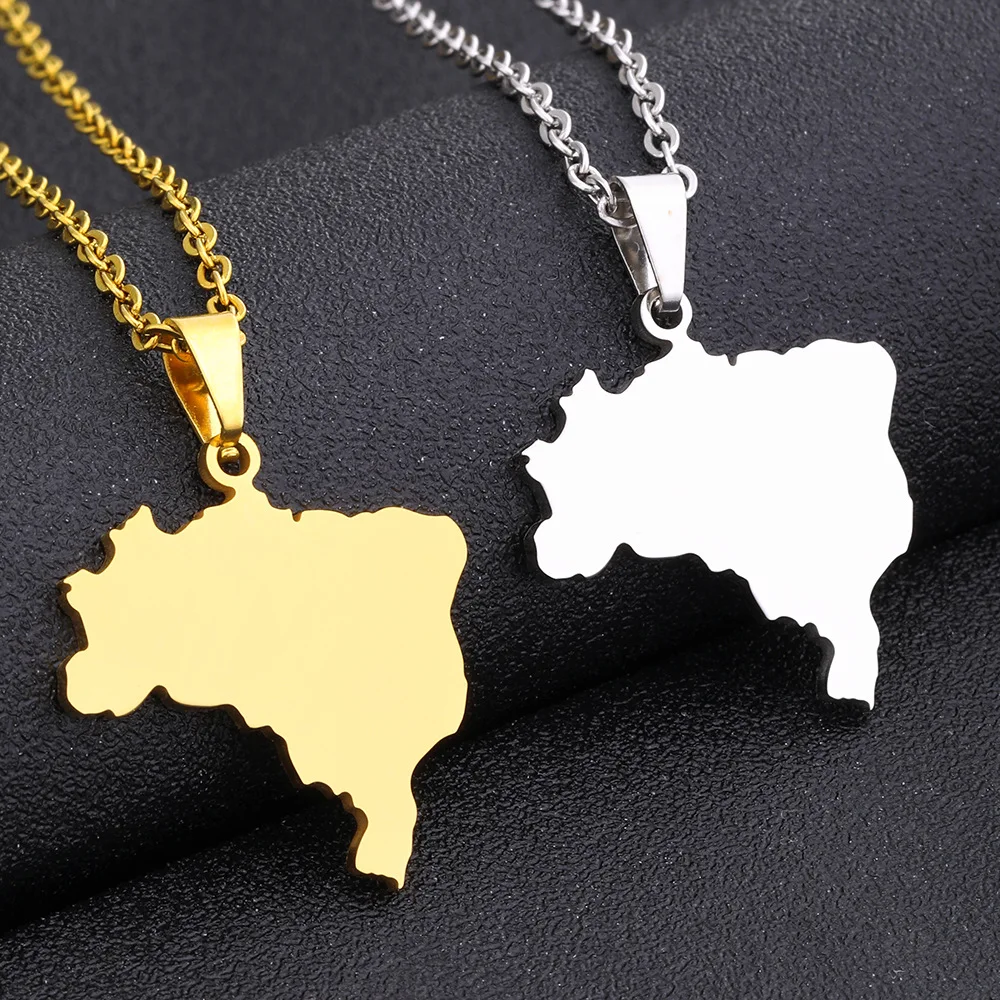 2024 new fashion stainless steel glossy Brazil map pendant necklace temperament everything collarbone chain birthday anniversary