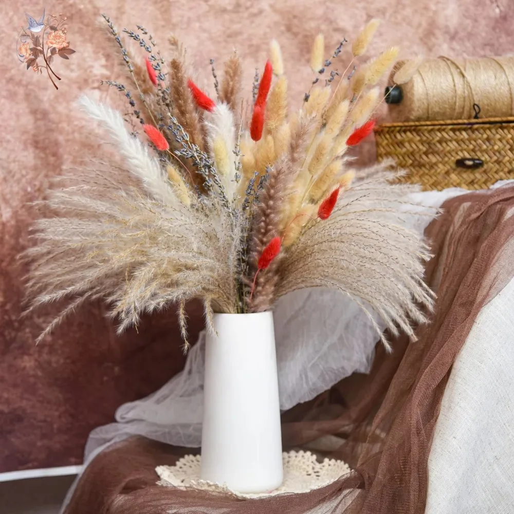 Natural Pampas Lavender Dried Artificial Flower Bouquet Wedding Decor Reeds Rabbit Tail Grass Boho Home Living Room Arrangements