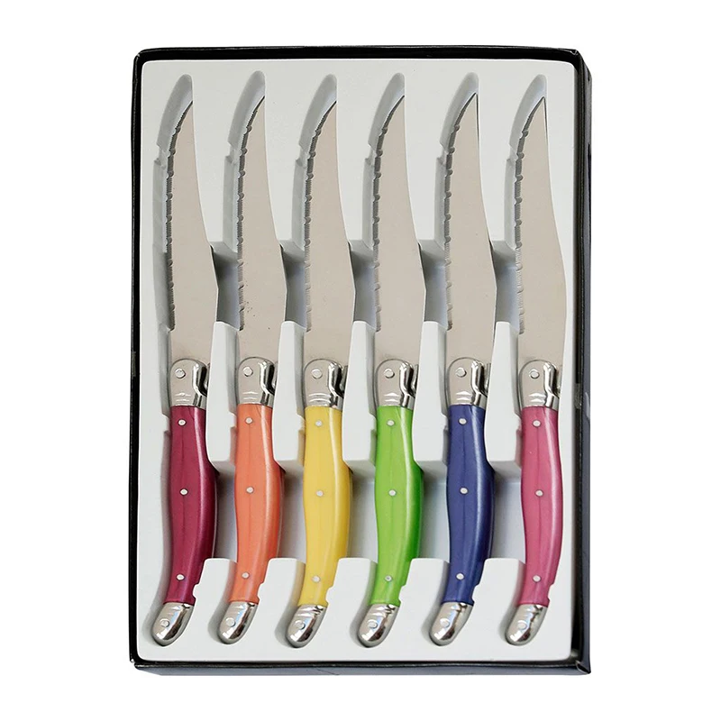 6-8pcs Laguiole Steak Knives Rainbow Dinner Table Knife Stainless Steel Multi color Plastic Handle Dinner Knifes set Xmas Gift