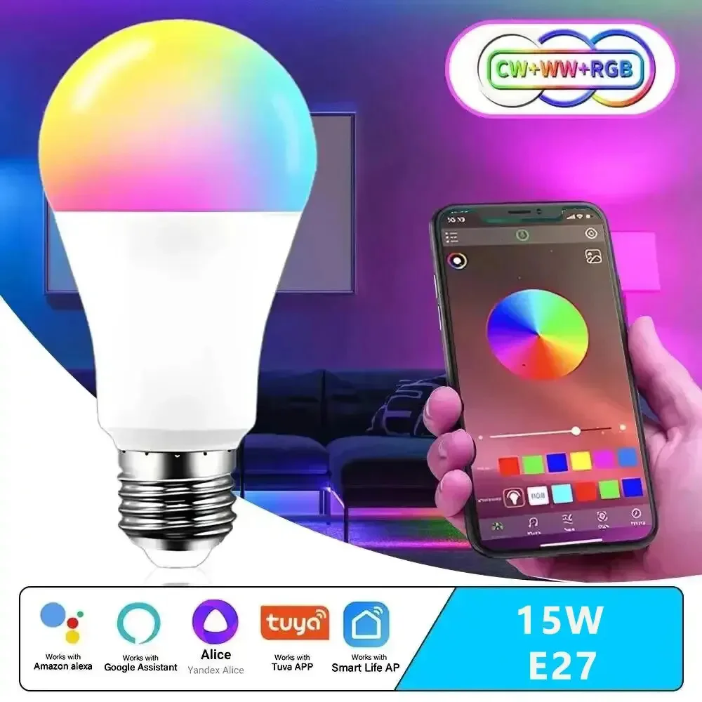 tuya smart lampada led rgb regulavel luz inteligente aplicacao smart life controlo por voz alexa google home e27 5w 10w 15w 01