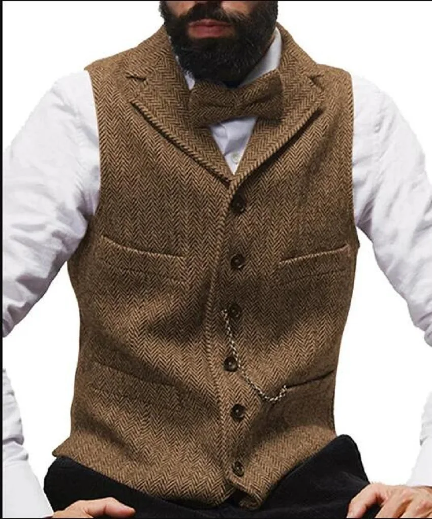 Lapel V Neck Wool Herringbone Casual Formal Business Vest Mens Vest  Waistcoat for men  Any occasion Green/Burgundy/Brown