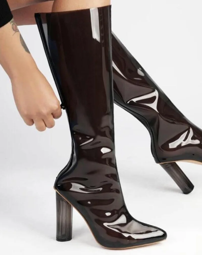 Chunky Heels Transparent PVC Women Knee High Boots Back Zipper Pointed Toe Square Heels Women Ridding Boots Big Size48