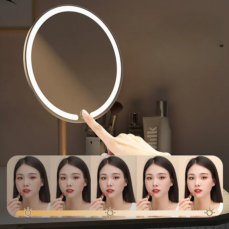 Portable desktop LED makeup mirror, infinite tone 3 color temperature, 90 degrees rotation, button button light-perfect travel