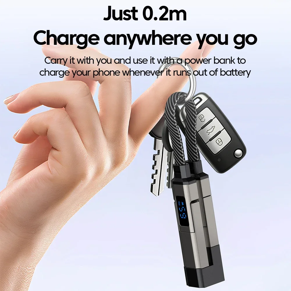 LED Display 4 in 1 65W USB C Short Cable Keychain Fast Charger for iPhone 15 16 17 Samsung Galaxy S24