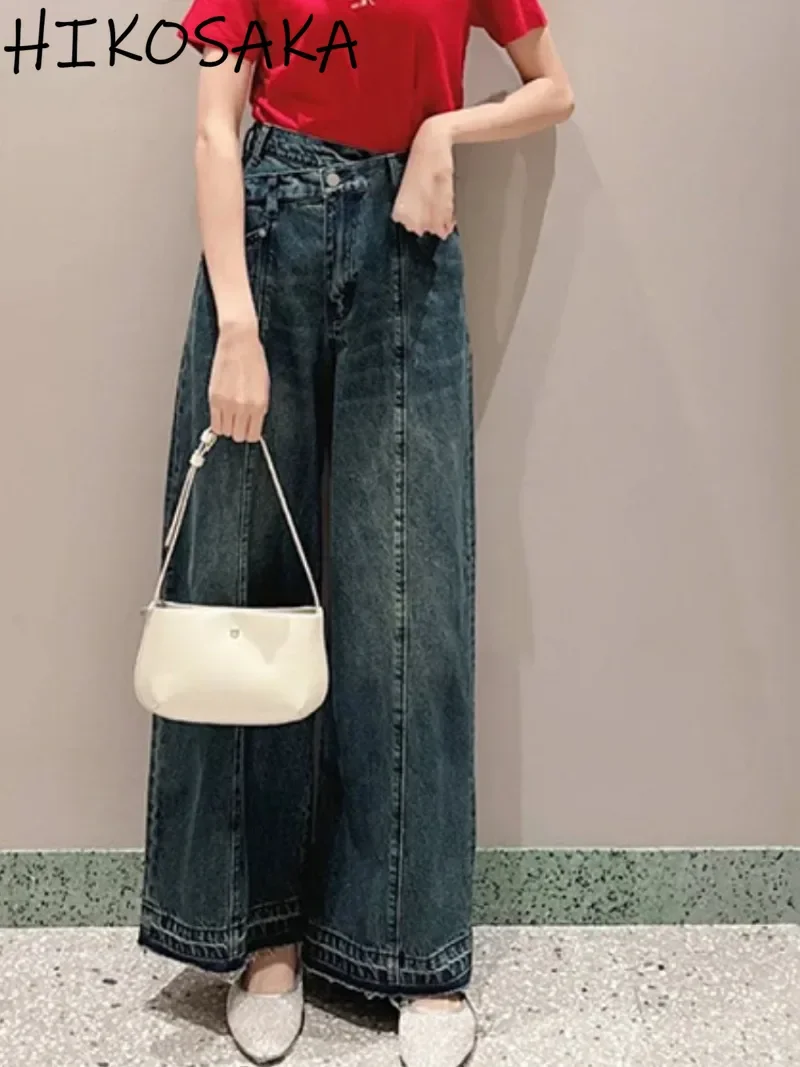 Streetwear Fashion Slanted High Waist Denim Pants Women All-match Loose Casual Straight Wide Leg Jeans Japan New Autumn Trousers