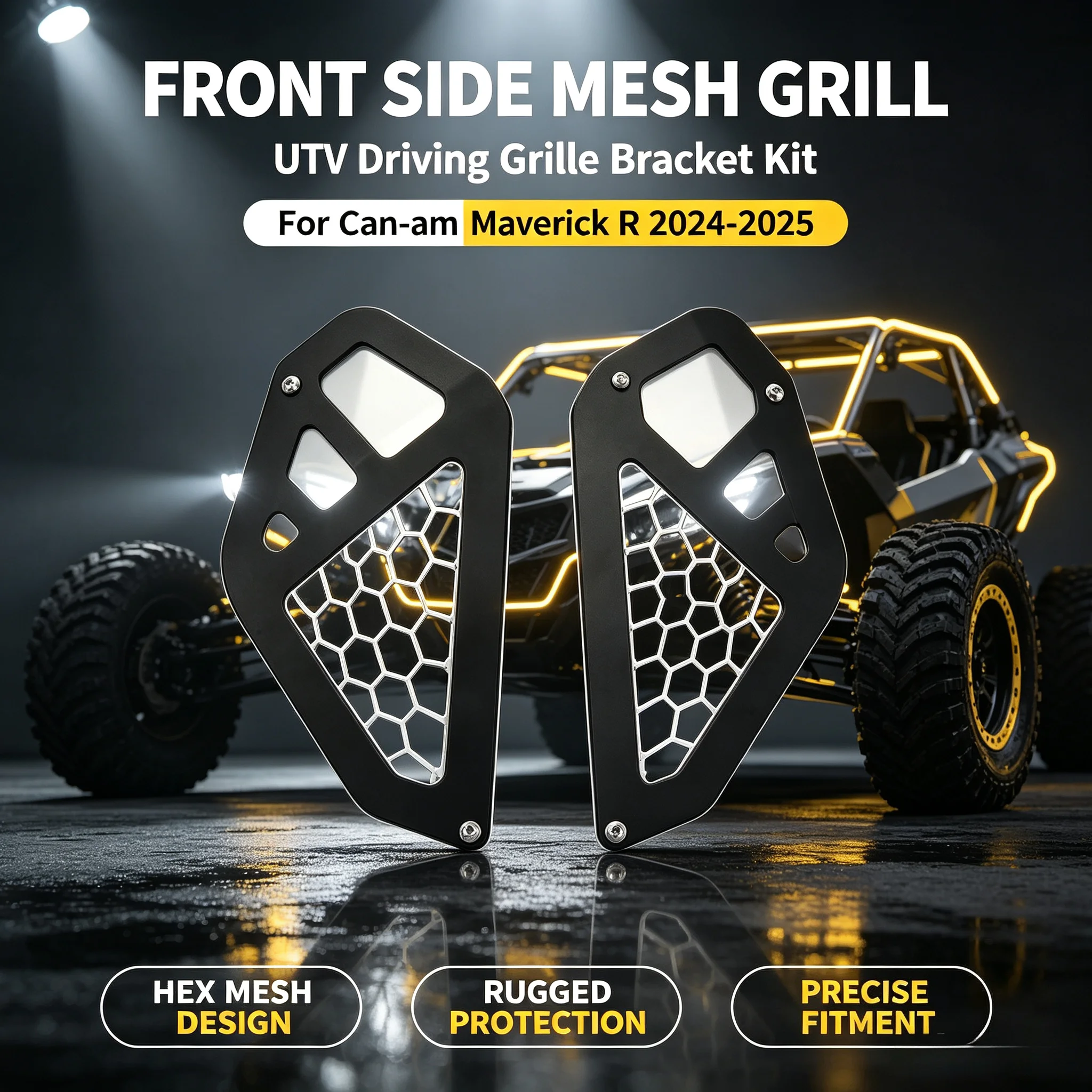 UTV Front Mesh Grille Bracket Kit For Can-am Maverick R 2024 2025 Driving Front Grill Protection Accessories