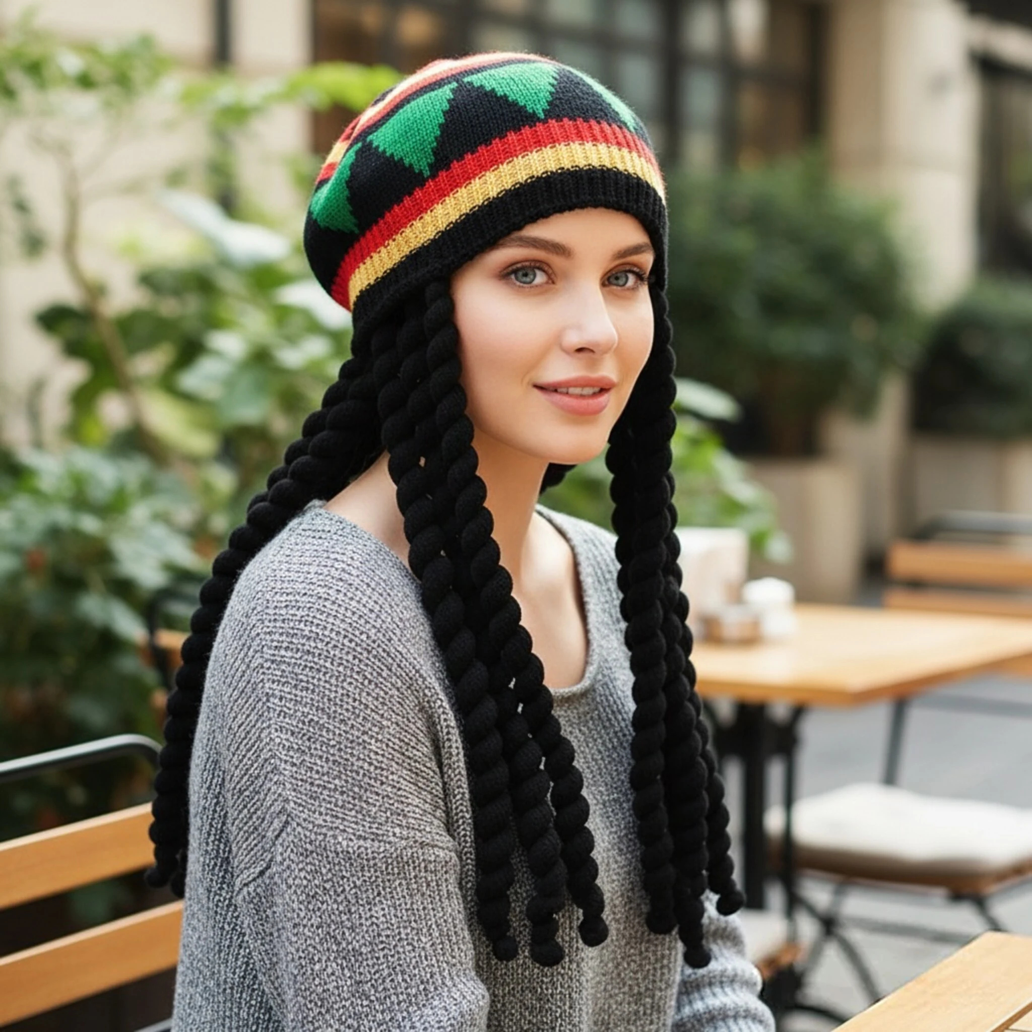 Adult Reggae Knit Beanie Thick Black Braids Rasta Style Striped Hat Warm Knitted Cap for Halloween Party Cosplay Themed Events