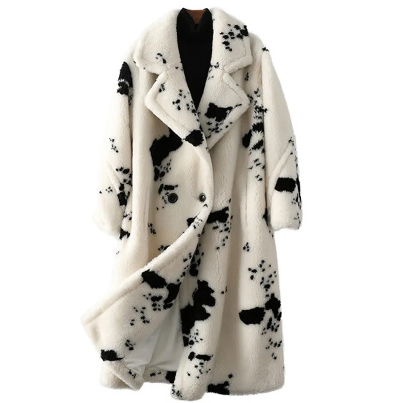Women's Winter Warm Wool Faux Fur Coat Shearling Coat Loose Long Printed Fashion Casual Trench Coat