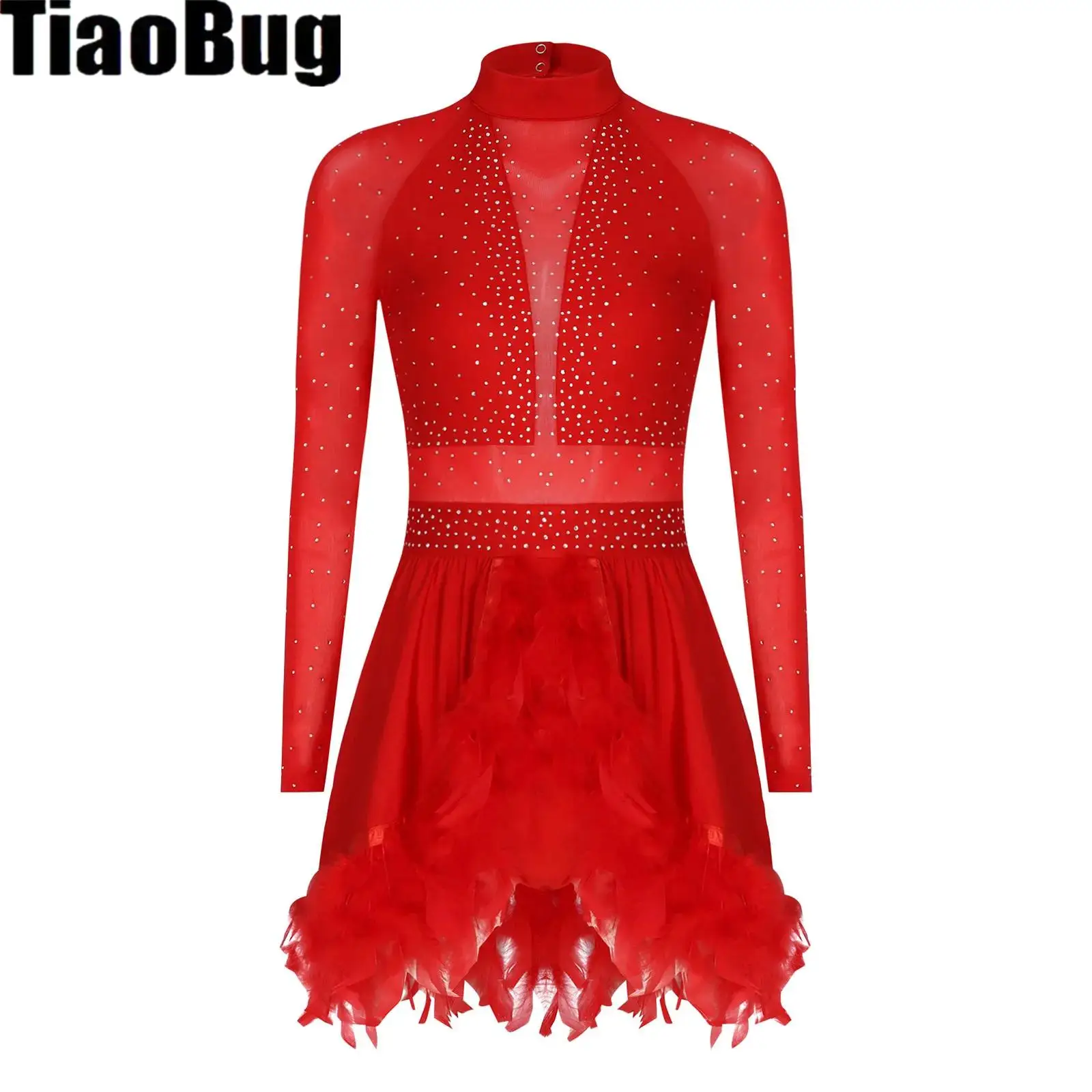 

Women Feather Dance Leotard Dress Mock Neck Long Sheer Mesh Back Cut Rhinestones Gymnastic Ballet Lyrical Figure Skating Costume