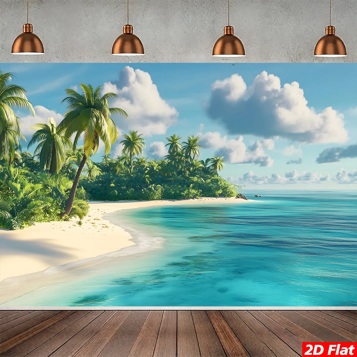 2D Flat, Vibrant Turquoise Blue & Turquoise Green Tropical Beach Tapestry Wall Hanging - HD Palm Tree Island Print Turquoise Oce