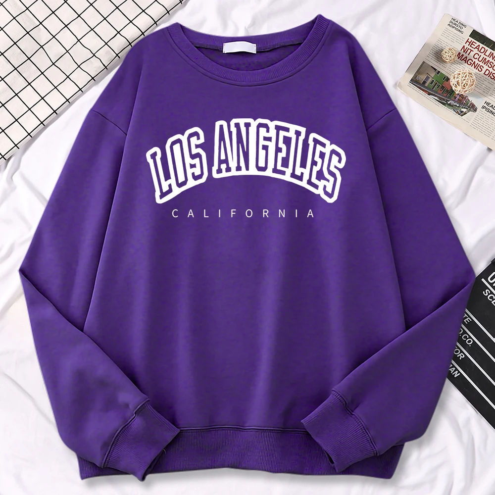 Street Trend Womens Pullovers Los Angeles California Letter Printing Hoodies Warm Fleece Sweatshirt Crewneck Soft Female Clothes