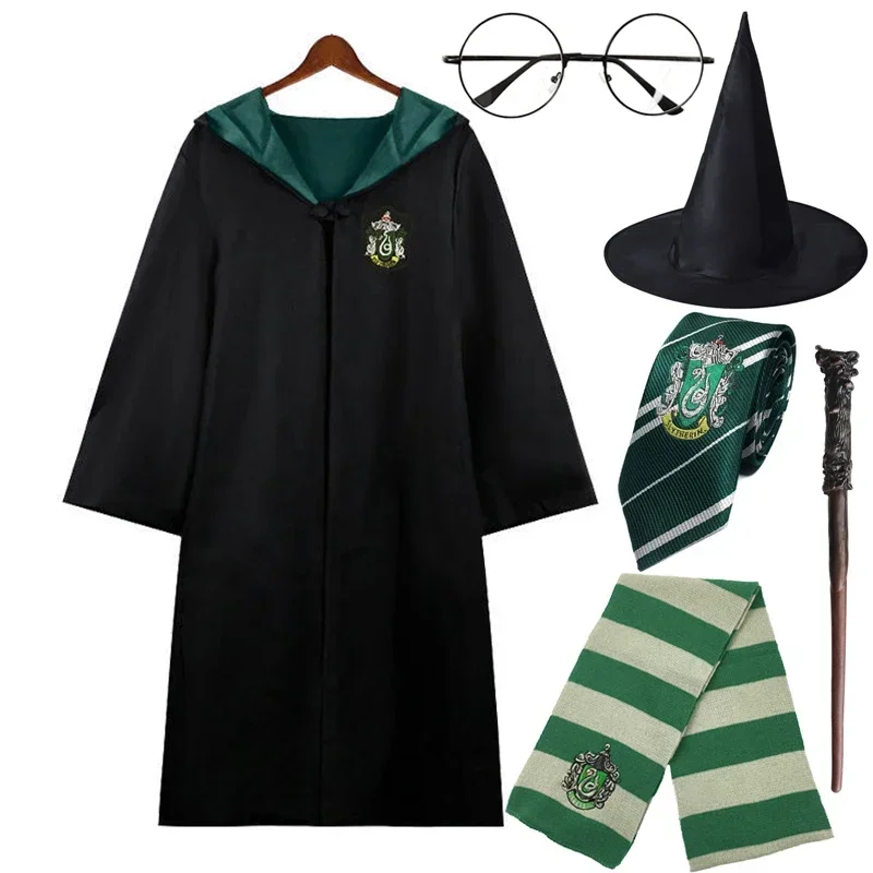 Disfraces de Hogwarts para Cosplay, Escuela de brujería y hechicería, batas Cos, sombrero de mago de Halloween, corbata, bufanda, varita mágica,