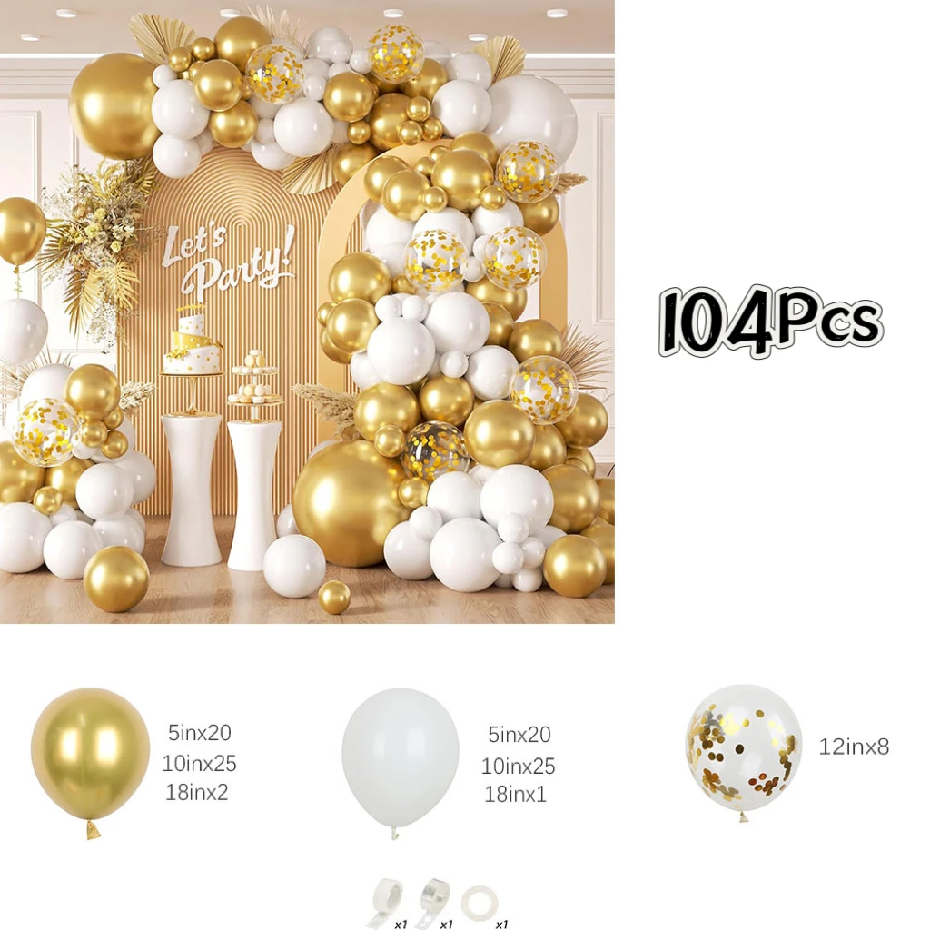 104Pcs White and Metallic Gold Balloons Garland Arch Kit Gold Confetti Balloonf for Wedding Anniversary Birthday Party Decor