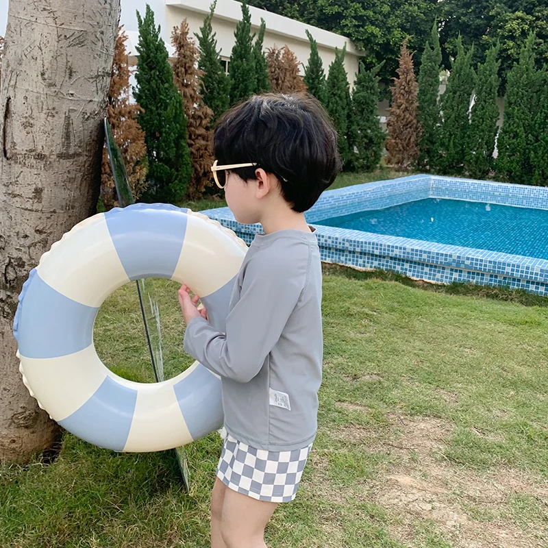 Boys Long Sleeve Swimsuit Swimming Cap Swimming Trunks Set Checkerboard Set