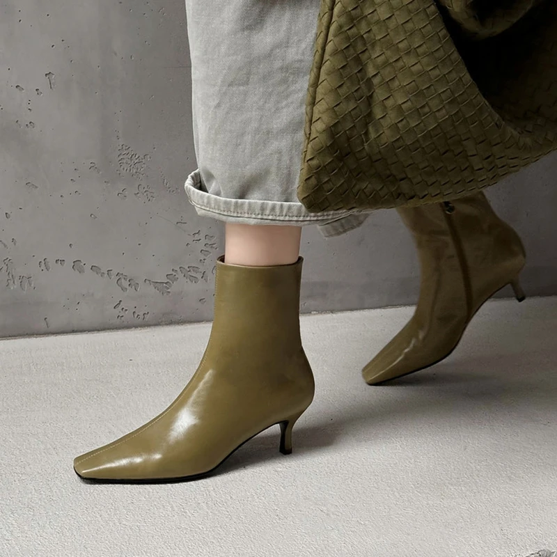 NEW Autumn/Winter Women Boots Split Leather Shoes for Women Square Toe Thin Heel Shoes Concise Zipper Modern Boots Daily Shoes