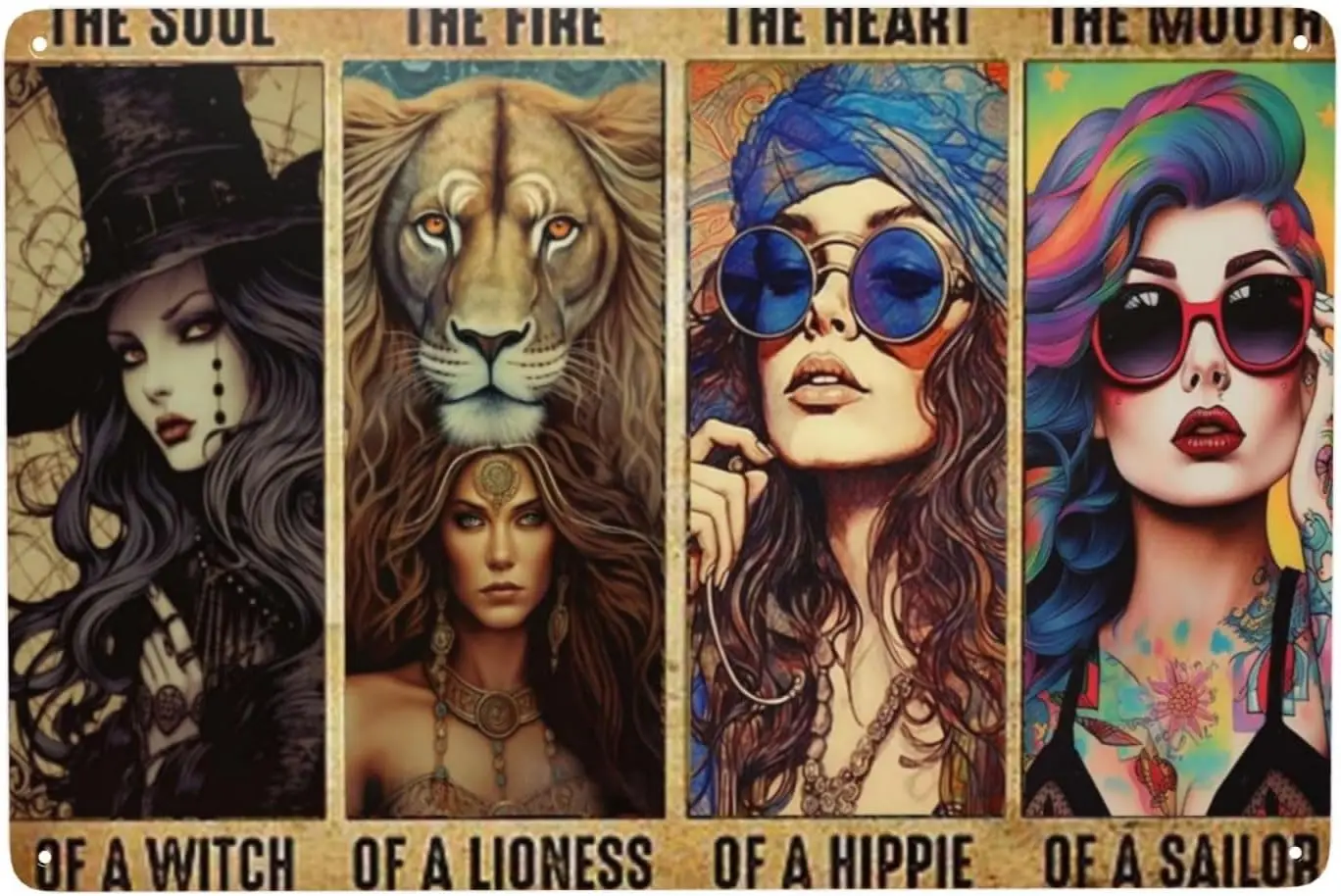 Hippie Girl Tin Sign - Witchy & Wild Wall Decor for Bedroom or Coffee Bar - Retro Boho Wall Art with Lioness Design - 8 sign