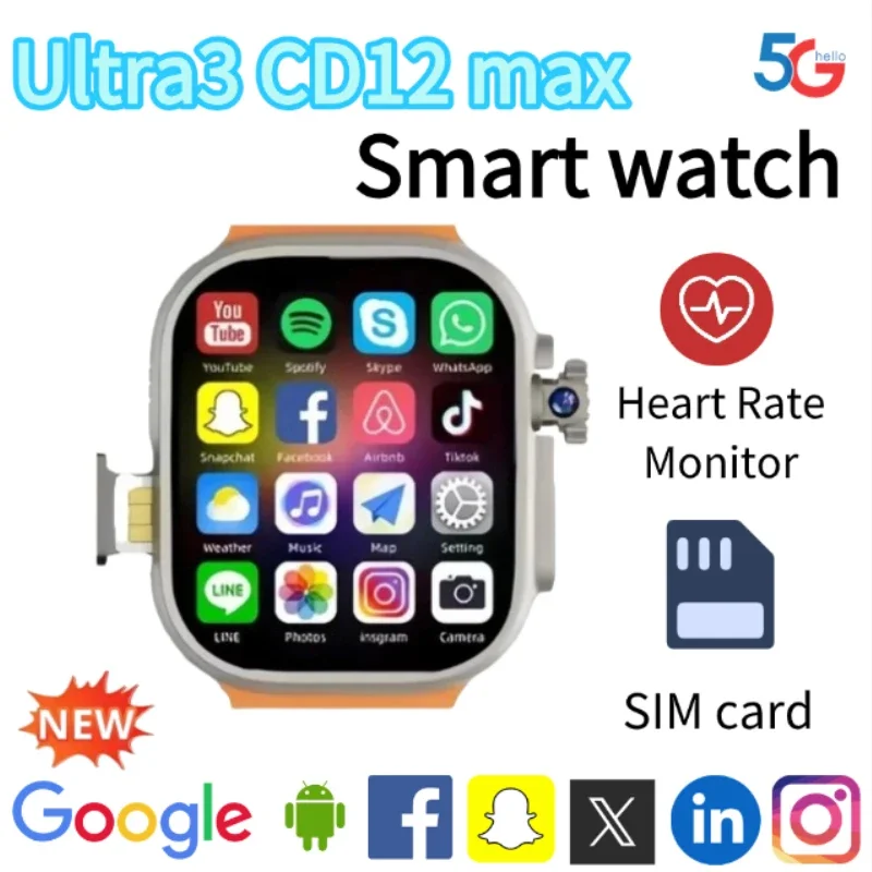 Ultra3 CD12 Max Smartwatch, 5G SIM Card, Rotating Camera, Android 9.0, WiFi GPS Bluetooth, Global Version Google Play