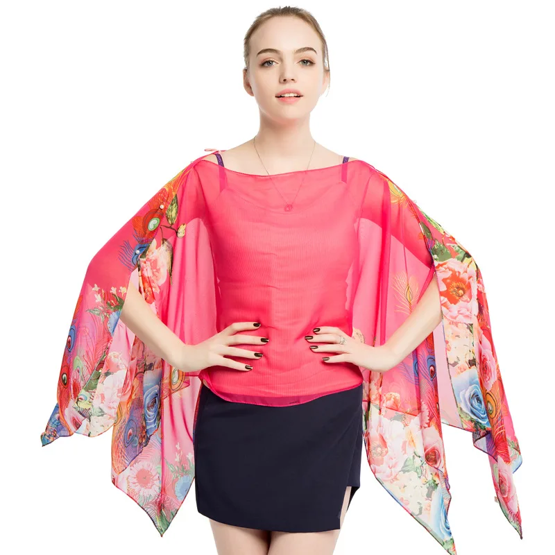 2022 New Summer Women Sunshade Printed Silk Scarf Creative Pearl Buckle Pullover Chiffon Shirt Sunscreen Shawl Black